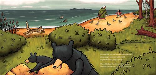  A sandy beach has grass and trees beyond the sand. A woman with grey hair and a girl with black hair walk along the beach with a basket. Ducks gather around them in the sand and on the water. A dog runs along the beach towards them. In the bushes, two black bears are eating from two ant hills. The trees have no leaves and some orange and brown leaves lay on the grass. Text: When Mallard feasts on yellow corn, and Black Bear licks the ant pile clean. 