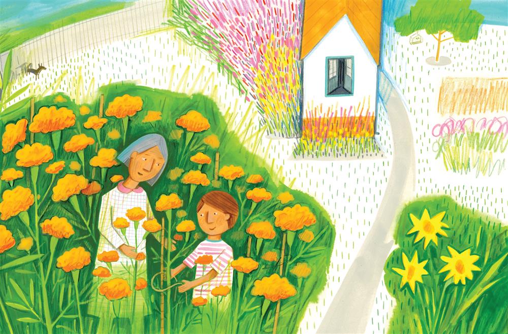  An older woman and a young boy stand in a garden of orange flowers in front of a small White House. The woman has chin-length grey hair and medium skin tone. The boy has short red hair and medium skin tone. He ties a piece of string around one of the orange flowers to attach it to a wooden stake. There is a path leading back to a house, and a tree beyond it where a bird cage hangs. 