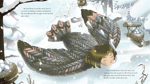  It is snowing and snow covers the ground. A girl with light skin tone is lying on the snow, but her body is the body of a bird. Instead of feathers, her body is made of knit fabric in a soft blue colour with bits pink and green. Around her, brown pastries and cakes dusted with powdered sugar are playing winter games like throwing snowballs and sledding. The text says that her name is Freya, and she loves the snow. It reminds her of powdered sugar on her favourite cakes. She can tell when snow is coming. 