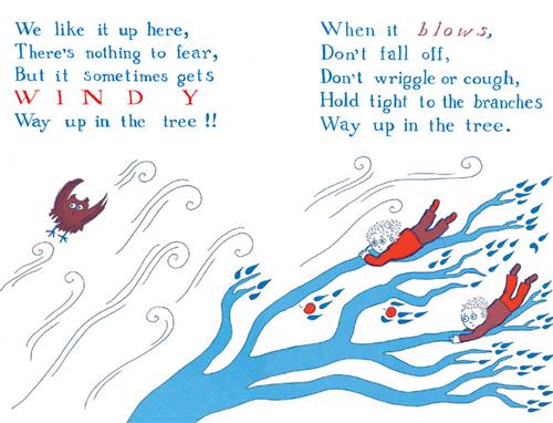  A blue tree with blue leaves and red fruit blows in the wind. Swirls of wind blow in the air around it. Two people in red clothes hold on to the branches. A red owl is caught in the wind. Text: We like it up here, there’s nothing to fear, but it sometimes gets windy way up in the tree!! When it blows, don’t fall off, don’t wriggle or cough, hold tight to the branches way up in the tree. 