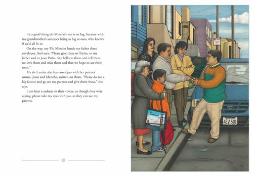  A city neighbourhood is on a hill. A family with medium skin tone stands on the curb in jackets. They are talking to a man standing in front of a van. The text says that it is good their uncle’s van is big. He gives the father three envelopes to give to family and friends in El Salvador. The aunt gives the father envelopes for her parents. There is sadness in their voices. 