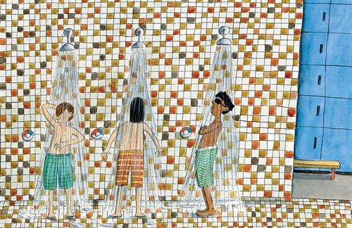  A public shower has three shower heads running. Three men, two with light skin tone and one with dark skin tone stand under the shower water. They all have swim trunks on. One has goggles on. The tiled walls and floors open up into a space with lockers and a bench. 