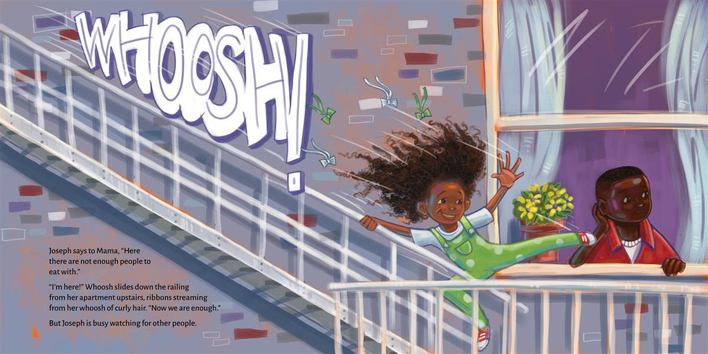  This image is a double page spread. To the left are a boy and a girl with dark skin tone. The boy cooks on the stove. The girl stirs a pot beside him. To the right, the girl holds a pot of food. The boy holds a dish in the air. Both kids smile. Text: Whoosh stirs the kwon with the long wooden spoon. Joseph adds peas to the dek ngor. Then Joseph and Whoosh carry in the kwon and dek ngor and Sukuma wiki that Mama made from the greens. And flaky chapatis. Joseph calls out, “Aii yee, Mama, a feast!” 