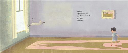  There is a long room with a window at one end. A white and grey cat is in mid-leap off of the windowsill. A girl with light skin tone looks down at the shadow of the cat that is cast against the floor. The shadow is large and takes up most of the length of the room. A small picture hangs on the back wall. Text: We play, my shadow and I, taking turns chasing, first one and then the other. 