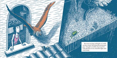  This image is in shades of black and white. A view from above shows a second-floor window and a terrace. A girl with light skin tone is in the window arch watching a brown owl fly away. Below her, on roof shingles, is a grey mouse. In the terrace is grass, trees, and a frog. Text: The moon was huge and bright, so I could see them clearly. They looked like pretty good guys. I thought it would be okay to go for a walk with them. It was a beautiful night, and I wasn’t sleepy. 