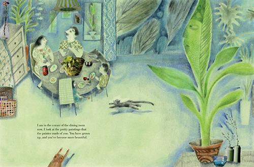  A round table sits in a dining room. Plants are against the walls and paintings of plants are hung on the walls. One plant has a face on one of its leaves. At the table are a woman, a man, and two children with light skin tone. A large salad is on the table. A dog reaches up onto the table to a pot. Two cats run around. Text: I am in the corner of the dining room now. I look at the pretty paintings that the painter made of you. You have grown up, and you’ve become more beautiful. 