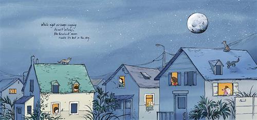  It is nighttime. Three houses are close together on a neighborhood street. People with different skin tones look out of lit windows in each house. The moon is full in the sky. Two black cats sit on one roof, and one sits on another roof. Text: While night air keeps singing its soft lullaby, the tired-out moon seeks its bed in the sky. 