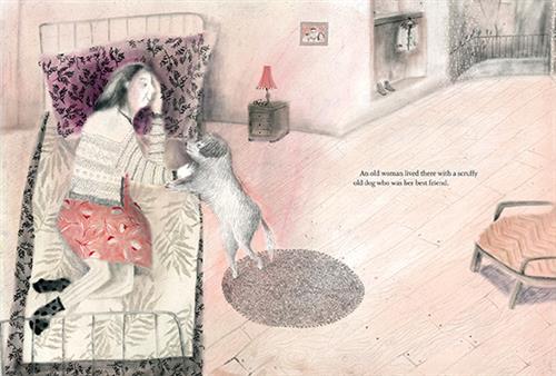  A room has a single bed in the corner. The bed has grey floral sheets and a purple floral pillow. A woman lies on her side. She wears a pink patterned dress, black polka dot socks, and a grey cardigan. She pets a grey dog that reaches onto the bed. In the back is a nightstand and closet. A pink lamp and glasses are on the nightstand. A pair of shoes and a jacket are in the closet. A patterned chair is by the bed. Text: An old woman lived there with a scruffy old dog who was her best friend. 
